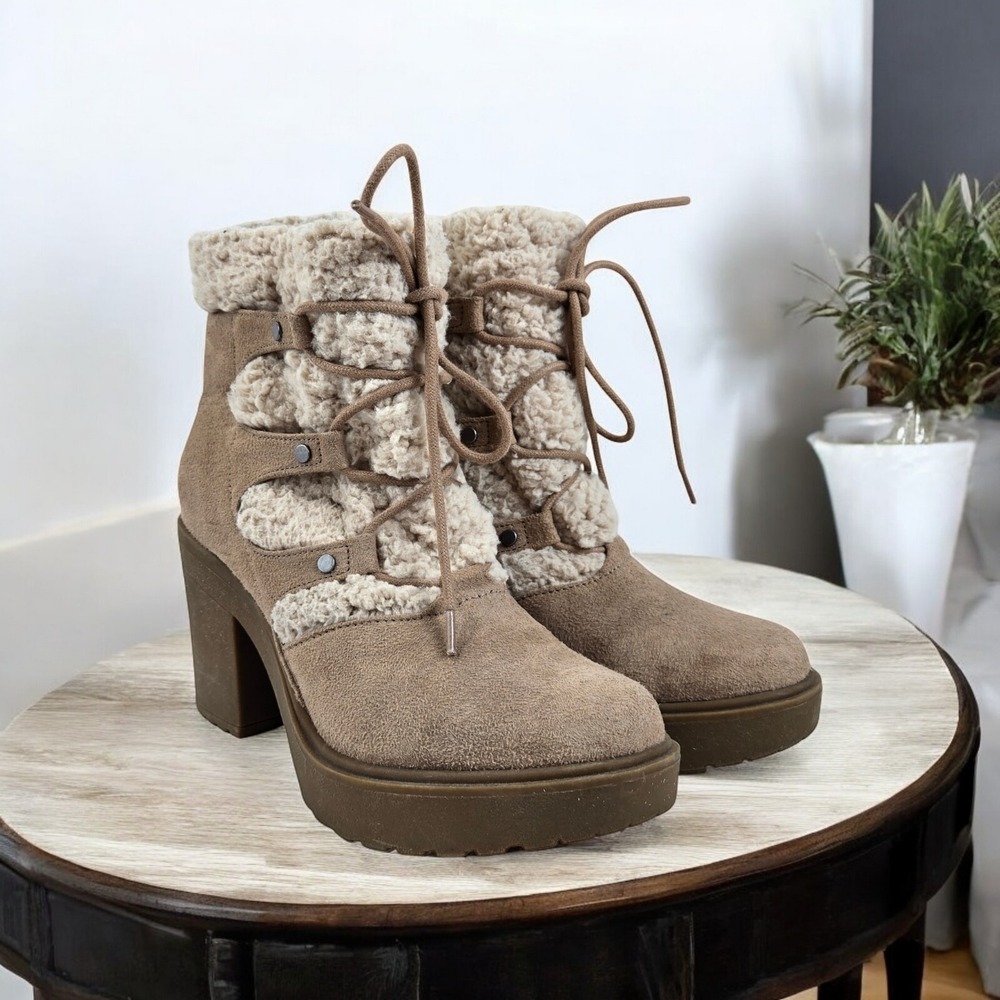 Steve Madden Kendra Faux Fur Suede Platform Chunky Heel Ankle Boots Tan Womens 7